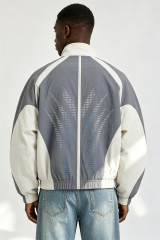 Custom Men Color Block Rhinestone Track Jacket, Stand Collar Zip Up Retro Streetwear Windbreaker