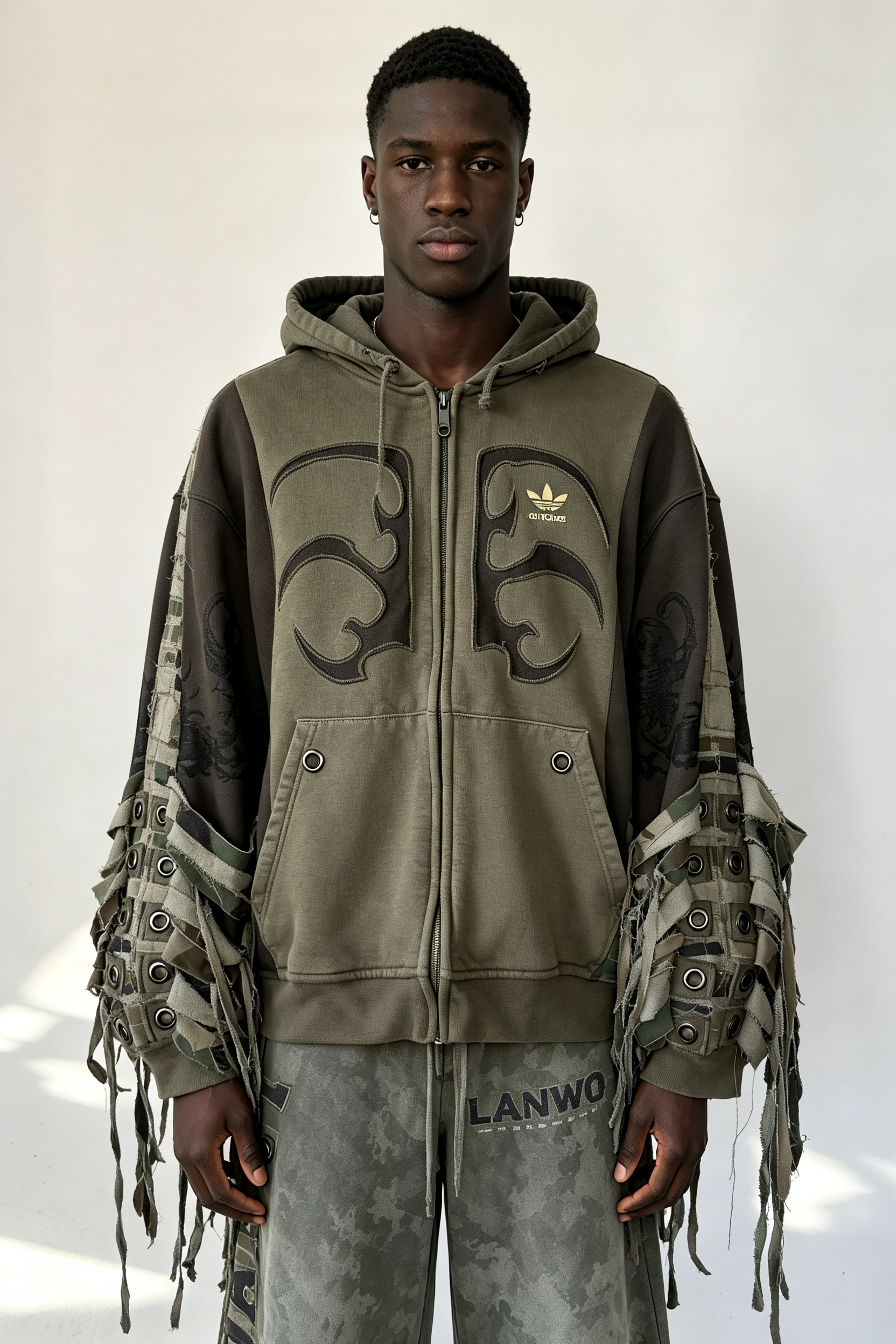 Custom Men Patchwork Fringe Zip Up Hoodie, Distressed Camo Splicing Streetwear Oversized Hooded Jacket