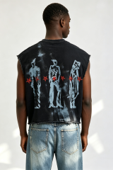 Custom Men Vintage Distressed Sleeveless Tank Top, Grunge Figure Print Raw Edge Cropped Streetwear Vest
