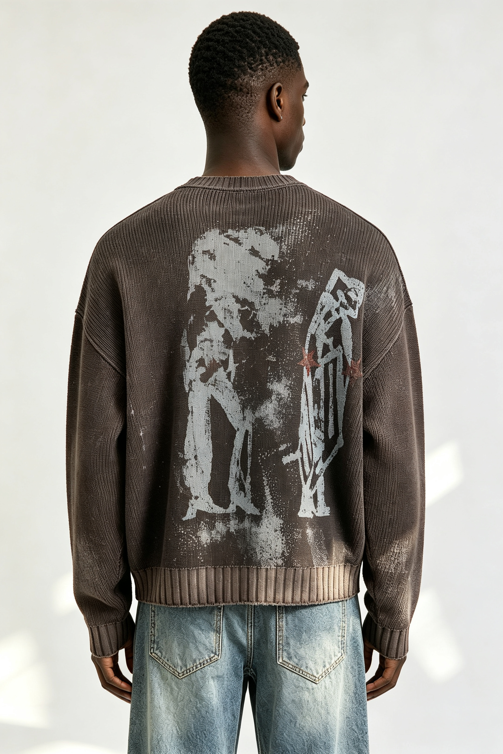 Custom Men Vintage Washed Crewneck Knit Sweater, Grunge Figure Print Distressed Streetwear Jumper