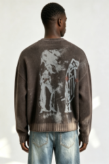 Custom Men Vintage Washed Crewneck Knit Sweater, Grunge Figure Print Distressed Streetwear Jumper