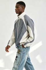 Custom Men Color Block Rhinestone Track Jacket, Stand Collar Zip Up Retro Streetwear Windbreaker