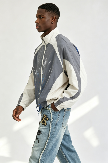 Custom Men Color Block Rhinestone Track Jacket, Stand Collar Zip Up Retro Streetwear Windbreaker