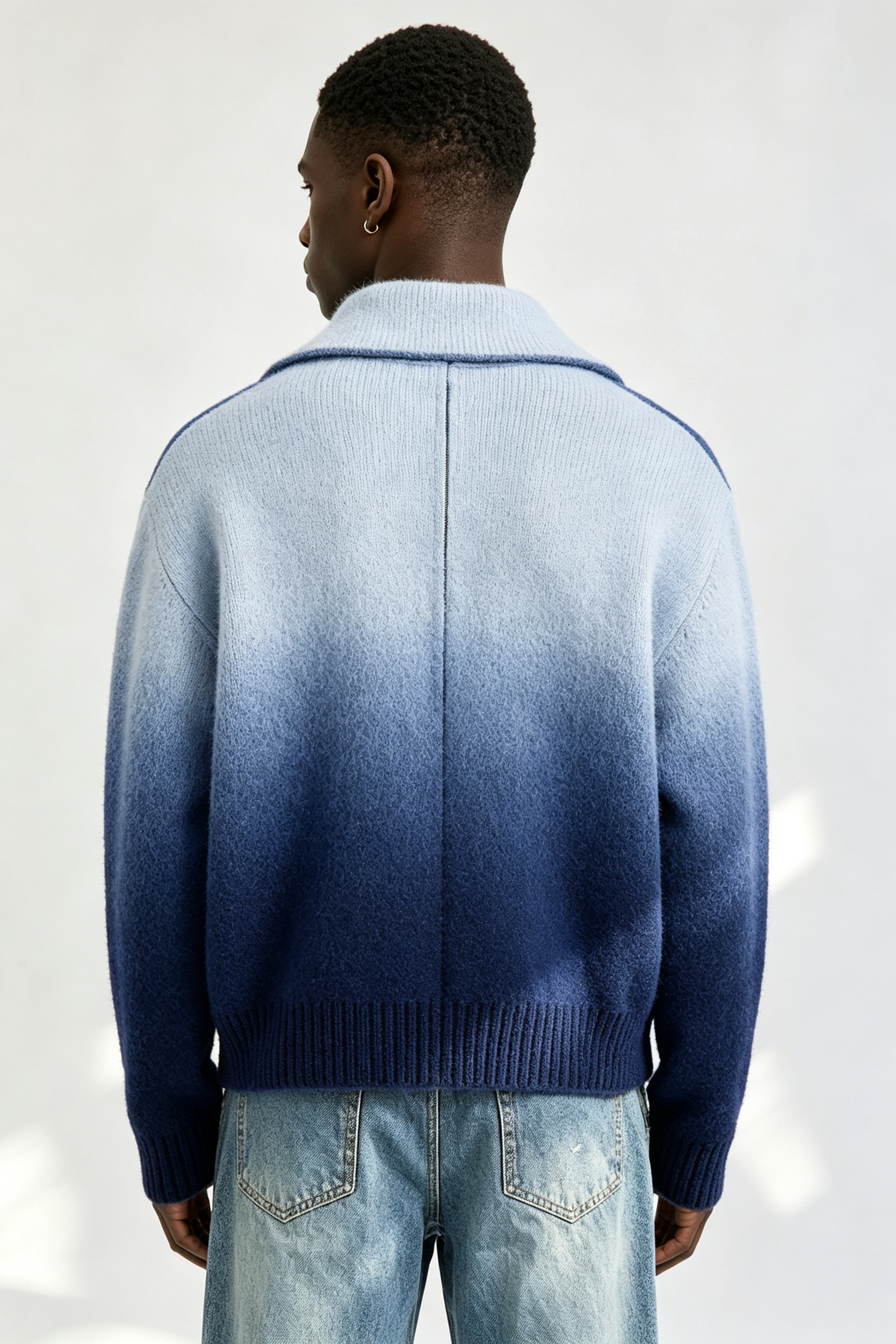 Custom Men Gradient Blue Zip Up Knit Cardigan, Lapel Collar Boxy Streetwear Sweater Jacket