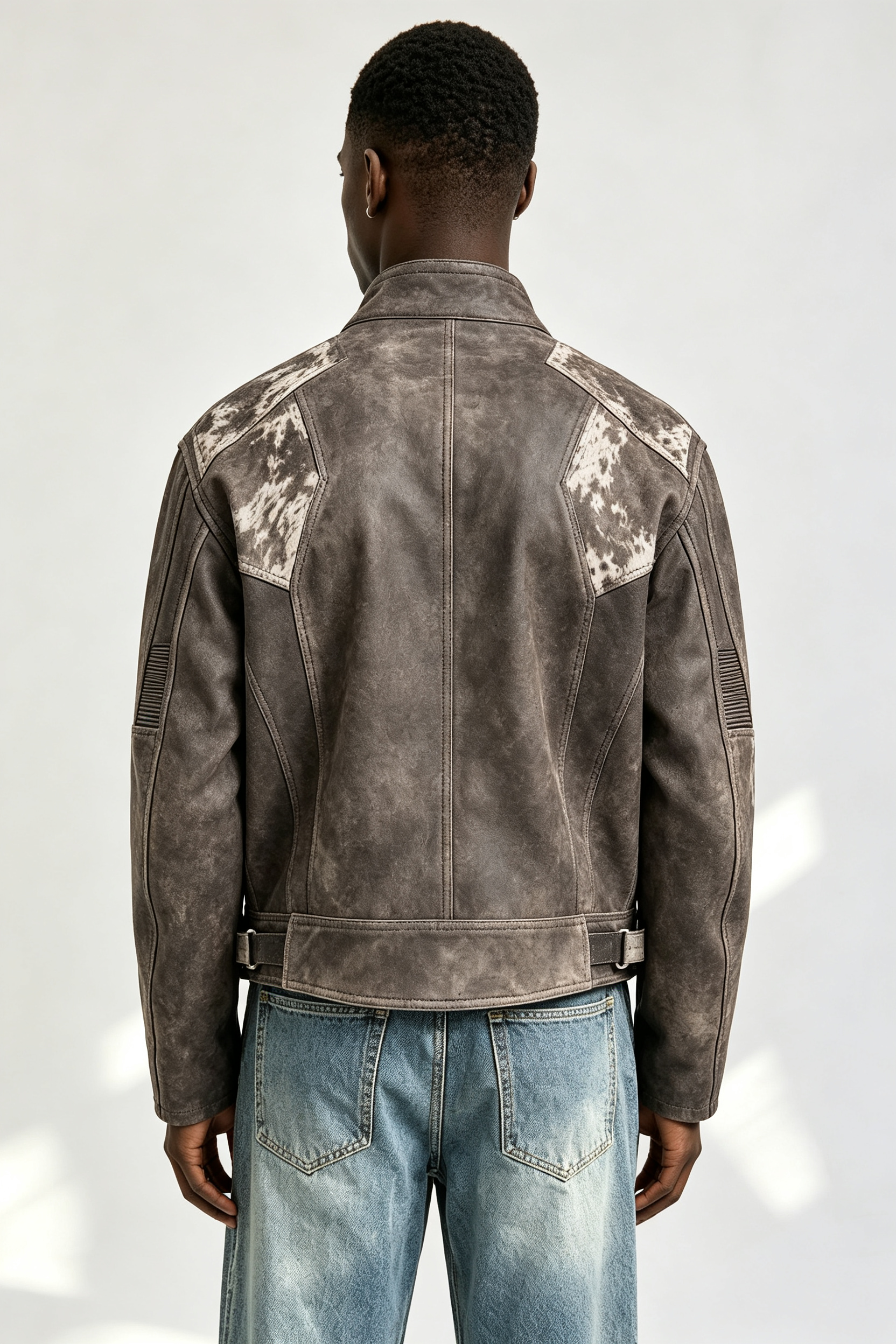 Custom Men Vintage Distressed Cow Print Faux Leather Moto Biker Jacket, Stand Collar Cropped Streetwear Jacket