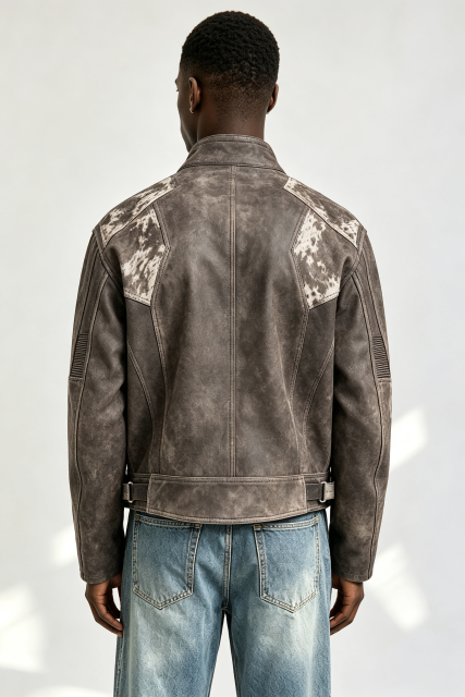 Custom Men Vintage Distressed Cow Print Faux Leather Moto Biker Jacket, Stand Collar Cropped Streetwear Jacket