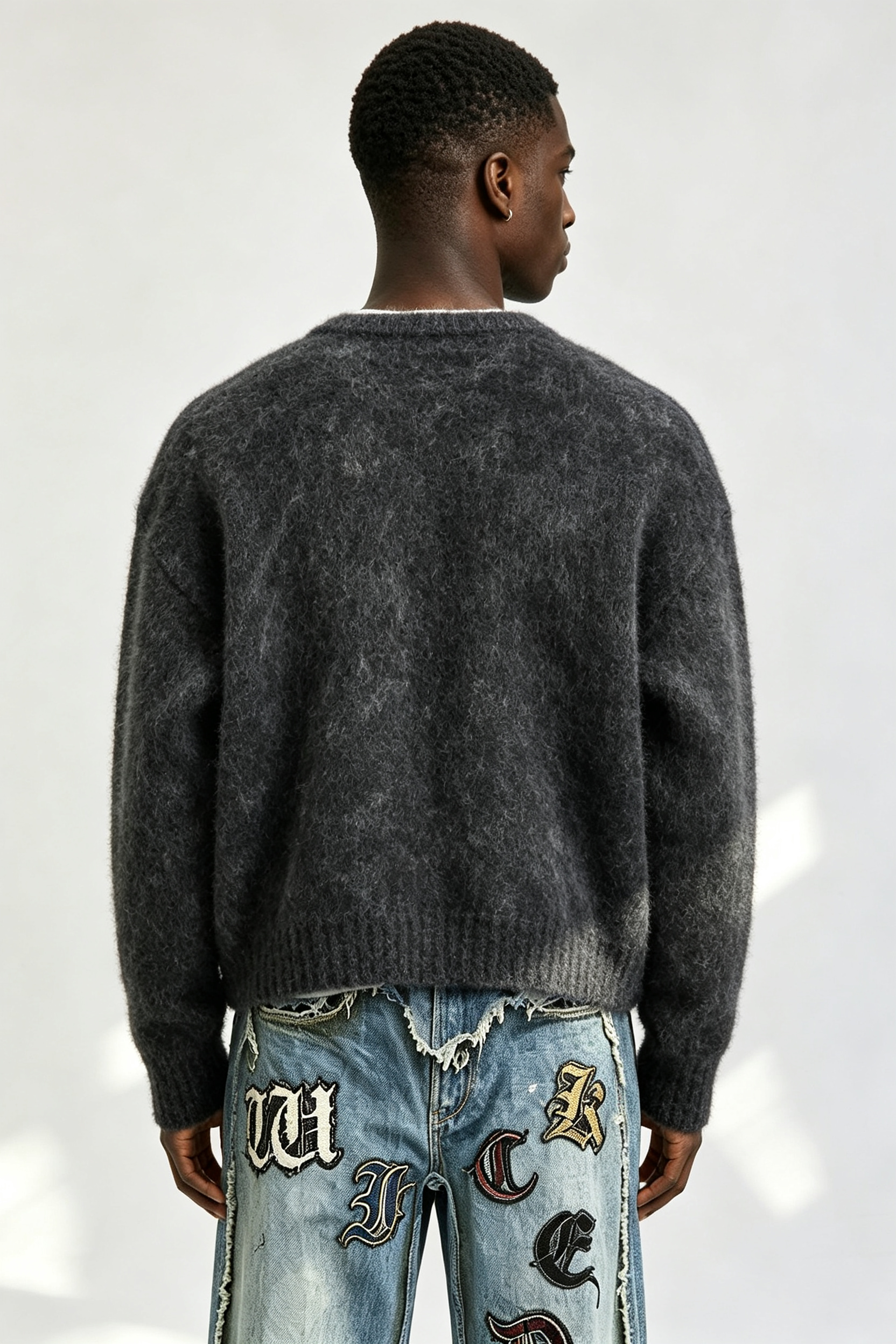 Custom Men Distressed Fuzzy Knit Crewneck Sweater, Vintage Washed Boxy Streetwear Pullover