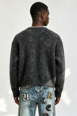 Custom Men Distressed Fuzzy Knit Crewneck Sweater, Vintage Washed Boxy Streetwear Pullover