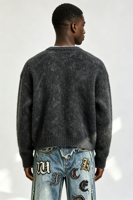 Custom Men Distressed Fuzzy Knit Crewneck Sweater, Vintage Washed Boxy Streetwear Pullover