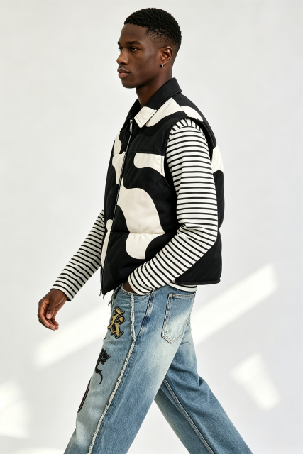 Custom Men Black White Abstract Camo Puffer Vest, Collared Zip Up Streetwear Quilted Gilet