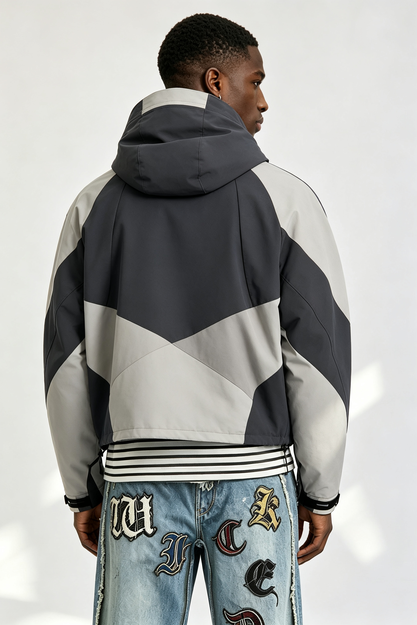 Custom Men Geometric Color Block Hooded Techwear Jacket, Cropped Outdoor Streetwear Windbreaker