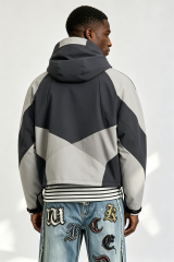 Custom Men Geometric Color Block Hooded Techwear Jacket, Cropped Outdoor Streetwear Windbreaker