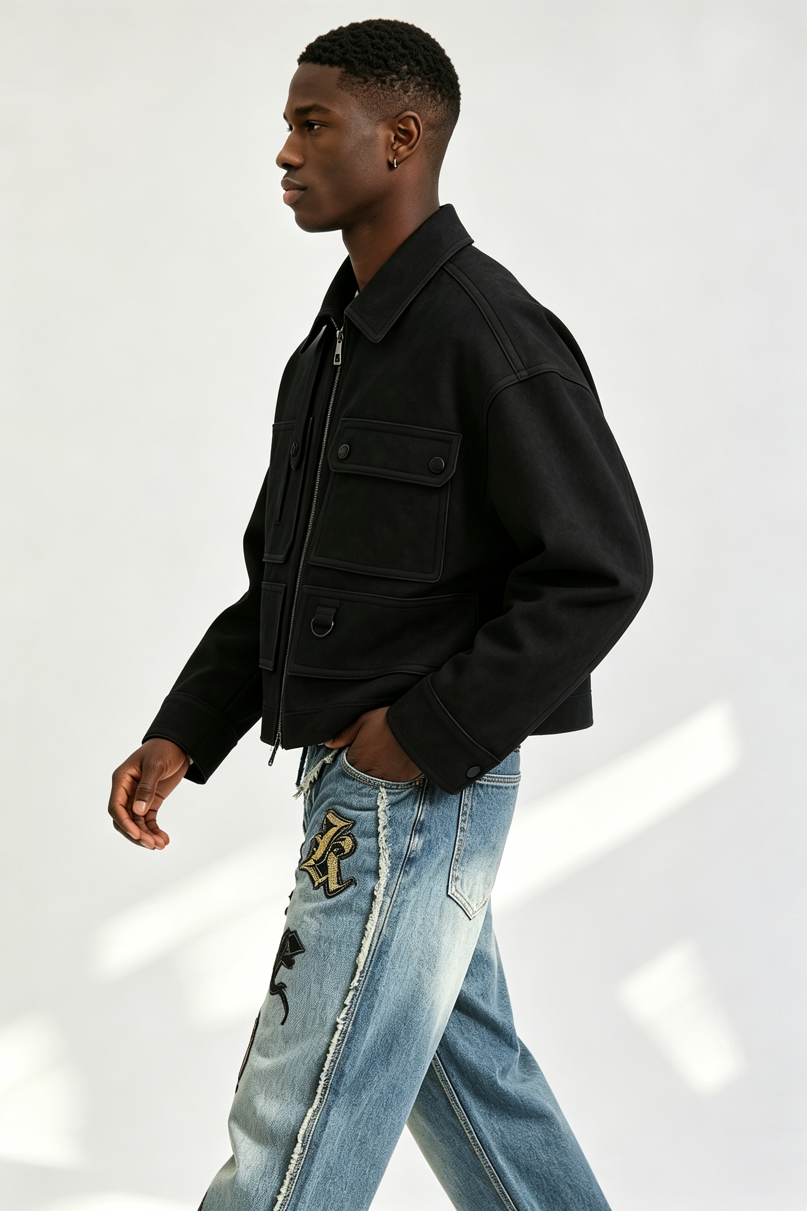 Custom Men Black Multi-Pocket Utility Cargo Jacket, Lapel Collar Cropped Streetwear Suede Jacket