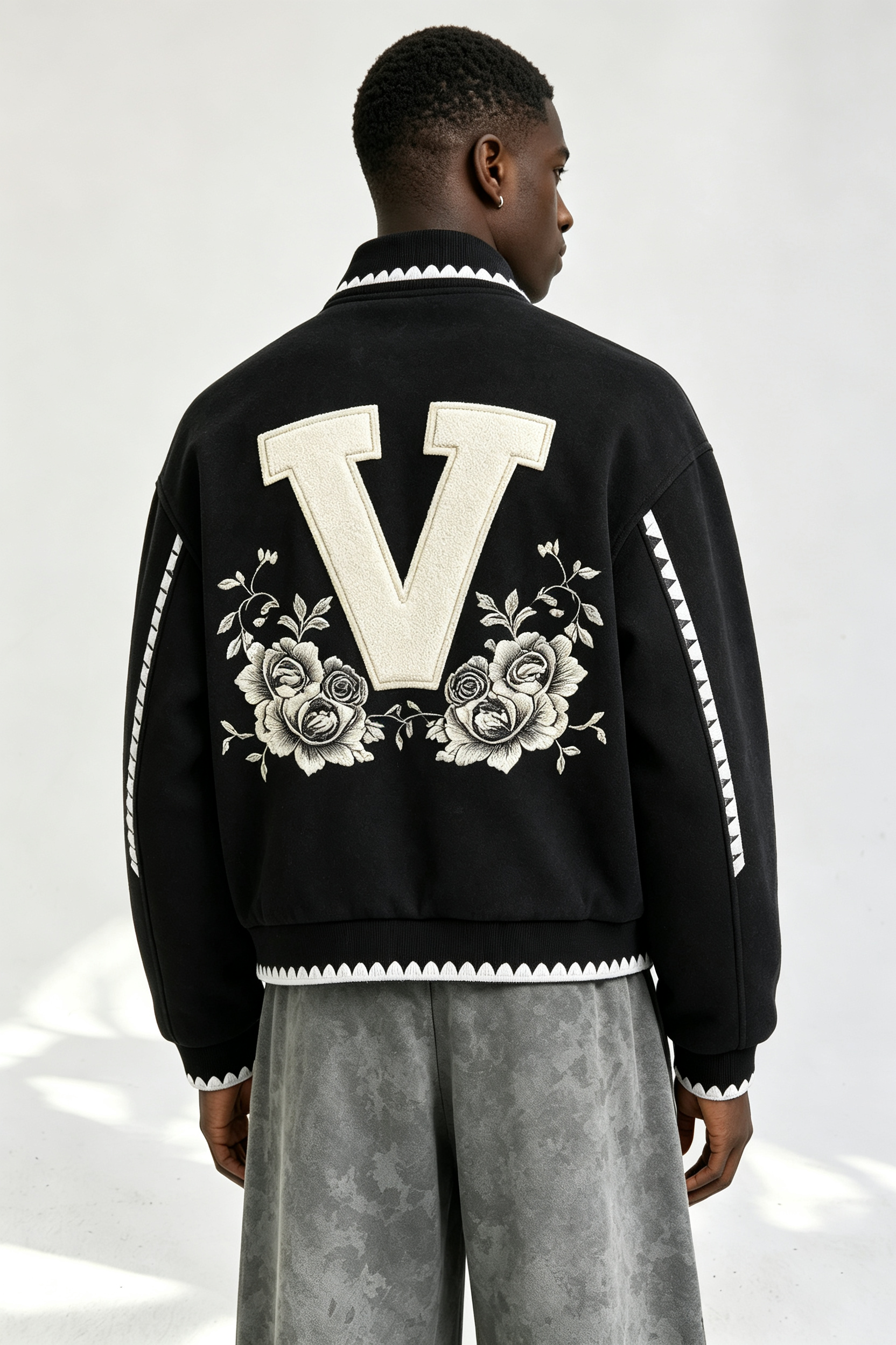 Custom Men Floral Letter Applique Varsity Jacket, Black Wool Blend Streetwear Baseball Coat