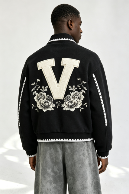 Custom Men Floral Letter Applique Varsity Jacket, Black Wool Blend Streetwear Baseball Coat