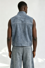 Custom Men Vintage Washed Faux Leather Vest, Stand Collar Sleeveless Streetwear Moto Waistcoat