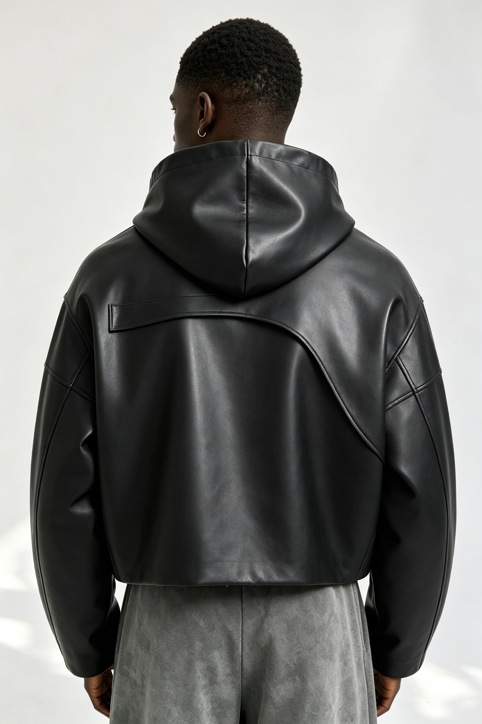 Custom Men Asymmetric Panel Faux Leather Hoodie, Cropped Black Streetwear PU Hooded Jacket