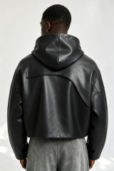 Custom Men Asymmetric Panel Faux Leather Hoodie, Cropped Black Streetwear PU Hooded Jacket
