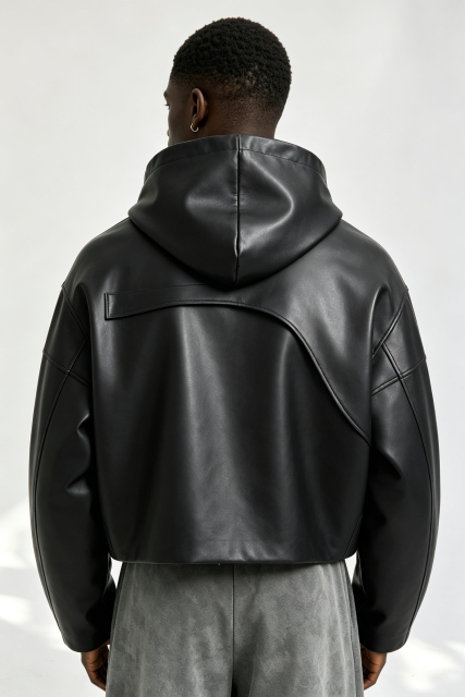 Custom Men Asymmetric Panel Faux Leather Hoodie, Cropped Black Streetwear PU Hooded Jacket
