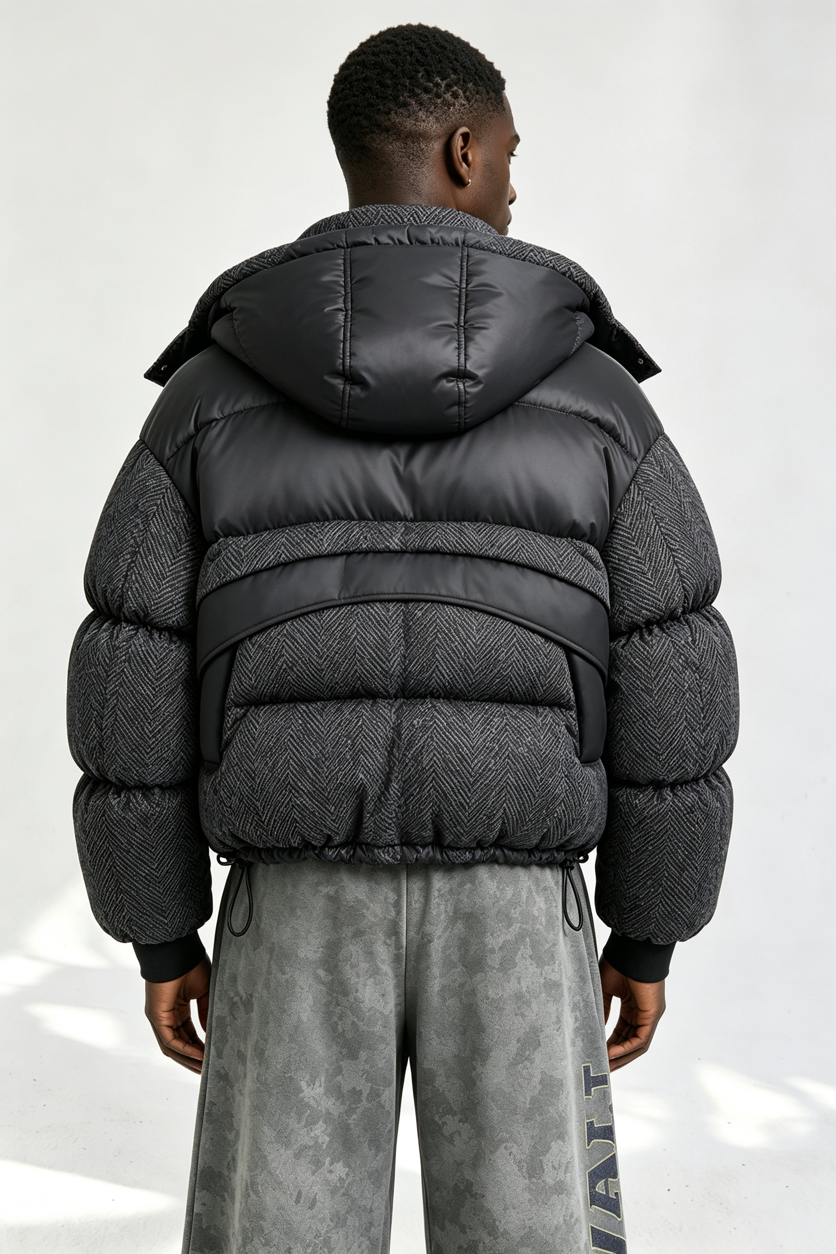 Custom Men Herringbone Hooded Puffer Jacket, Mixed Fabric Quilted Winter Streetwear Coat