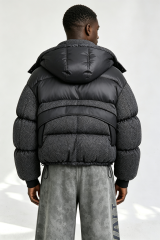 Custom Men Herringbone Hooded Puffer Jacket, Mixed Fabric Quilted Winter Streetwear Coat