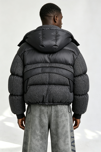 Custom Men Herringbone Hooded Puffer Jacket, Mixed Fabric Quilted Winter Streetwear Coat