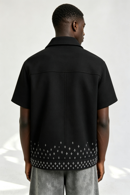 Custom Men Buckle Fasten Short Sleeve Jacket, Black Geometric Embroidery Streetwear Cropped Shirt Coat