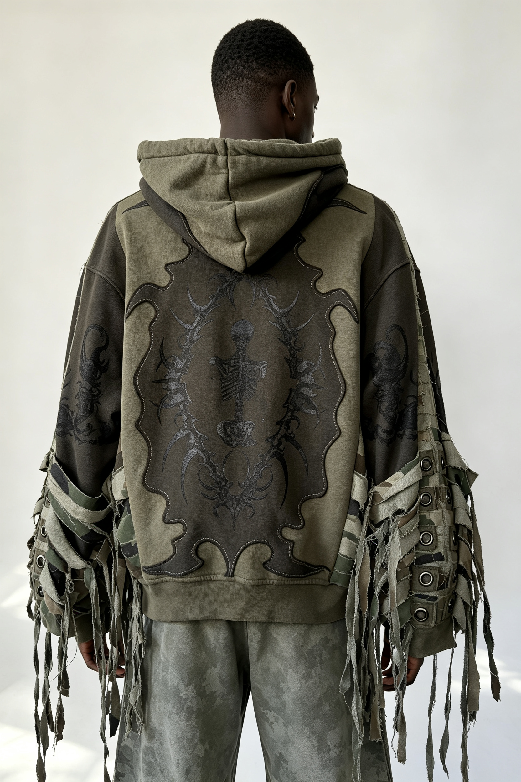 Custom Men Patchwork Fringe Zip Up Hoodie, Distressed Camo Splicing Streetwear Oversized Hooded Jacket