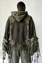 Custom Men Patchwork Fringe Zip Up Hoodie, Distressed Camo Splicing Streetwear Oversized Hooded Jacket