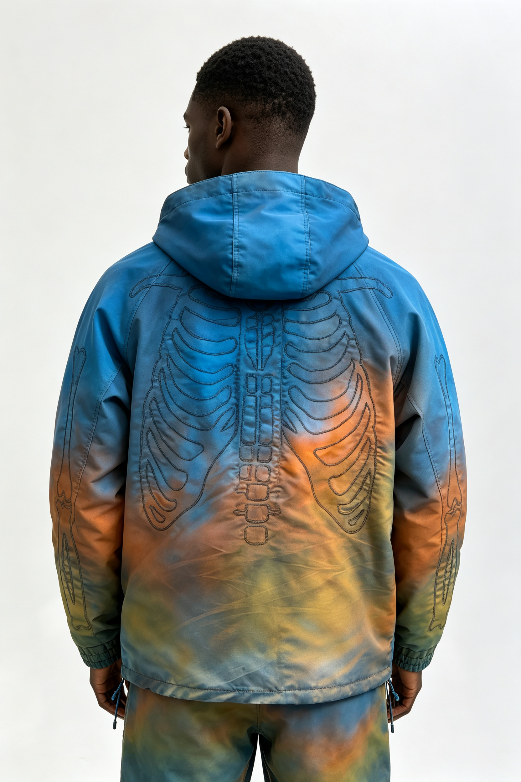 Custom Men Gradient Skeleton Embroidery Hooded Jacket, Tie Dye Skull Bones Streetwear Oversized Windbreaker