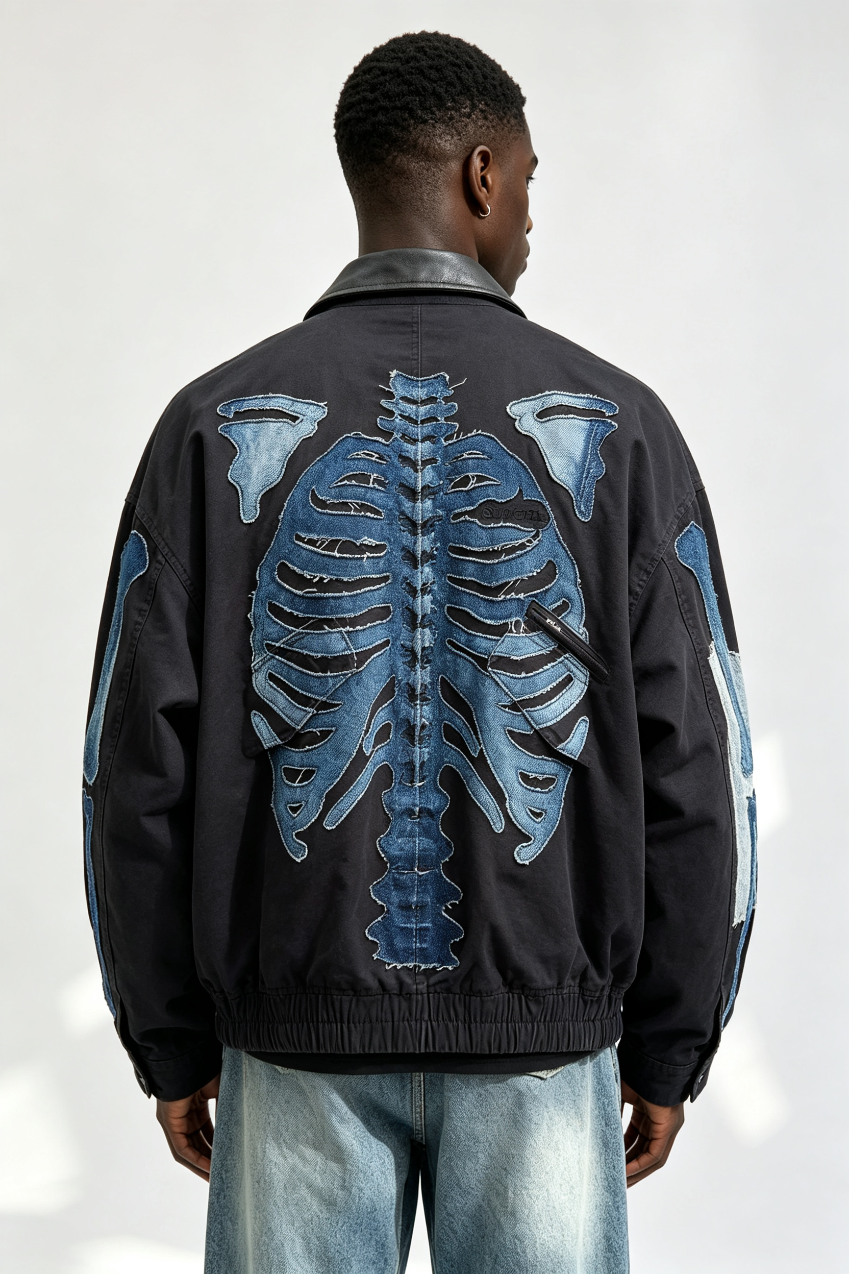 Custom Men Skeleton Denim Patch Bomber Jacket, Leather Collar Raw Edge Bone Applique Streetwear Oversized Jacket