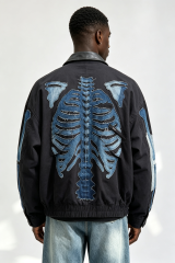Custom Men Skeleton Denim Patch Bomber Jacket, Leather Collar Raw Edge Bone Applique Streetwear Oversized Jacket