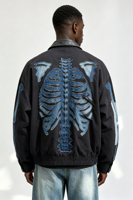 Custom Men Skeleton Denim Patch Bomber Jacket, Leather Collar Raw Edge Bone Applique Streetwear Oversized Jacket