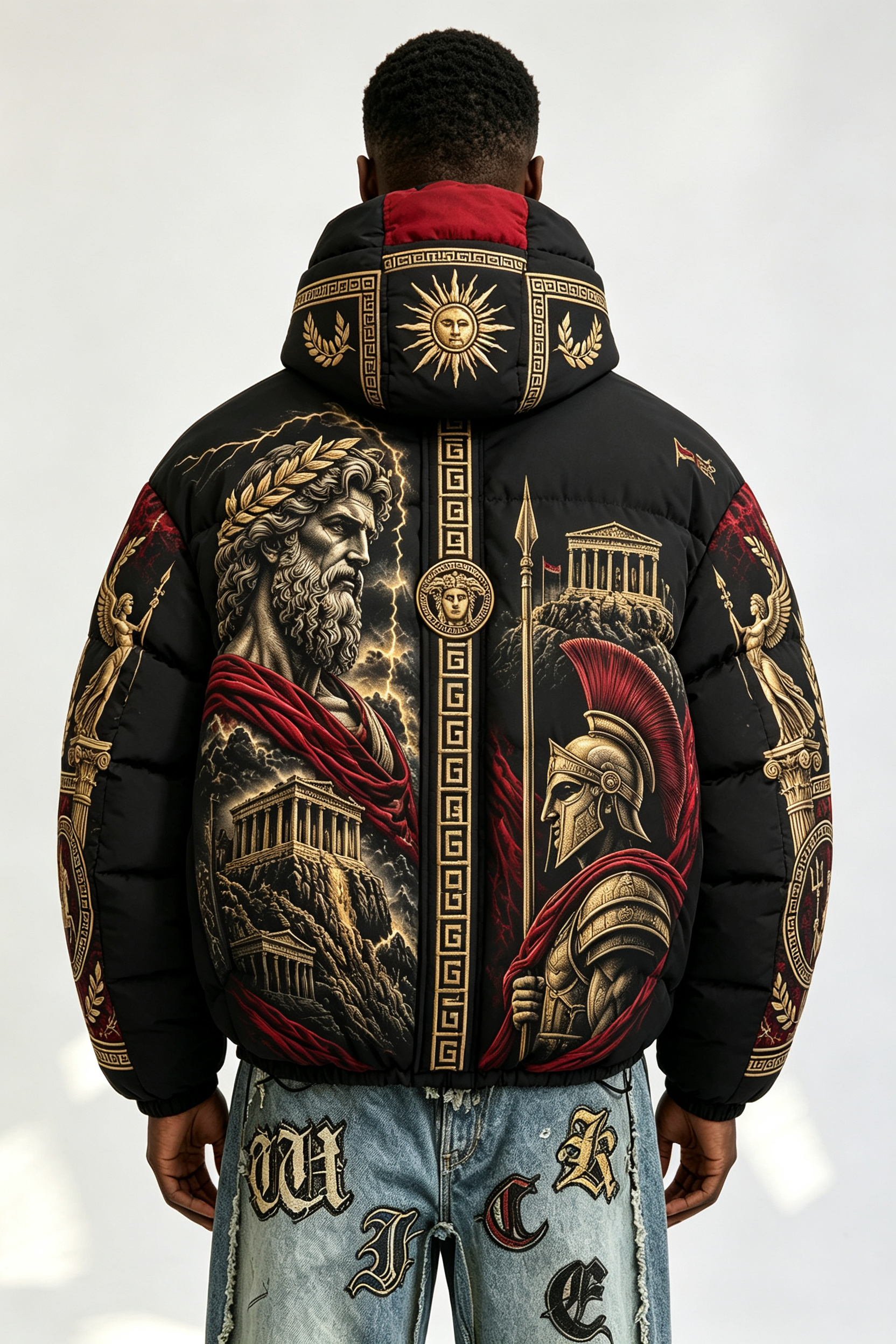 Custom Men Greek Mythology Print Hooded Puffer Jacket, Ancient Roman God Graphic Oversized Winter Padded Coat