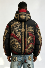 Custom Men Greek Mythology Print Hooded Puffer Jacket, Ancient Roman God Graphic Oversized Winter Padded Coat