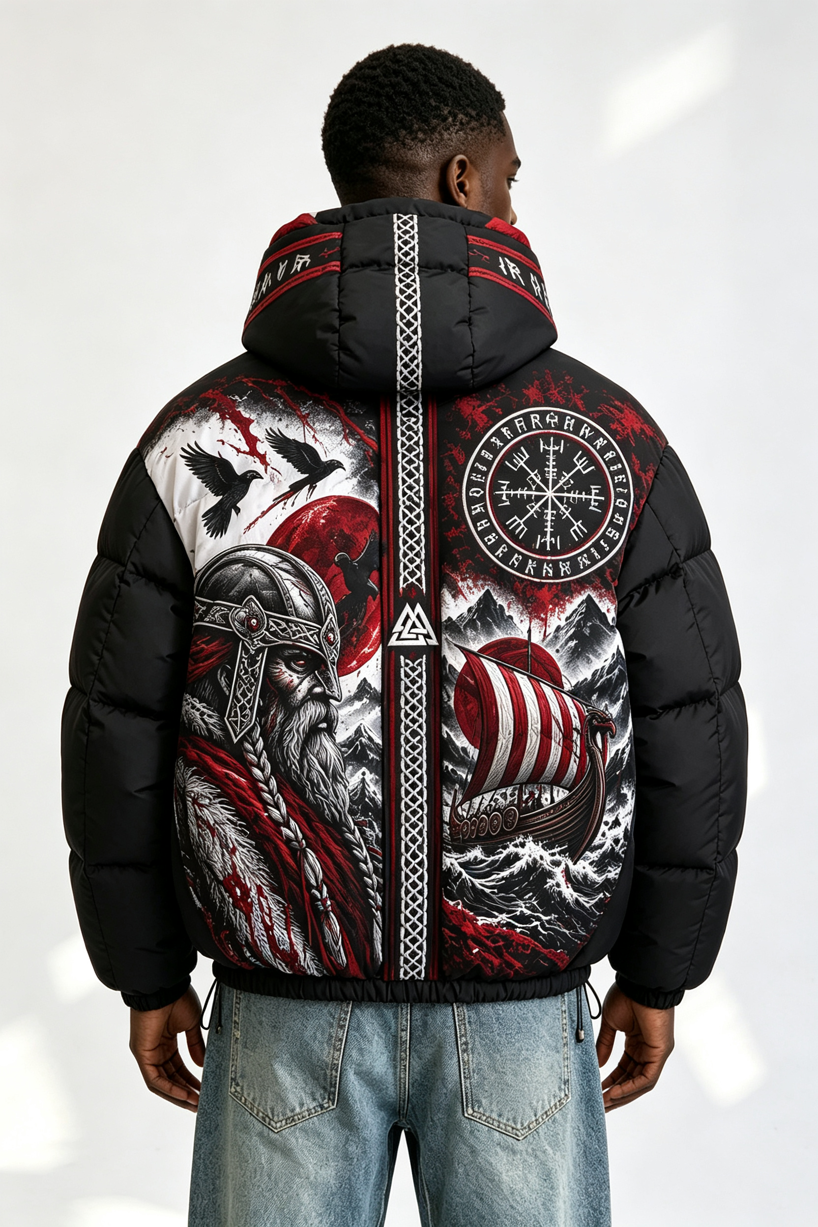 Custom Men Viking Norse Graphic Hooded Puffer Jacket, Rune Compass Print Winter Streetwear Oversized Padded Coat