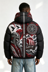 Custom Men Viking Norse Graphic Hooded Puffer Jacket, Rune Compass Print Winter Streetwear Oversized Padded Coat