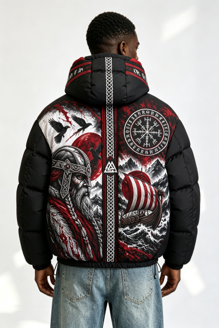 Custom Men Viking Norse Graphic Hooded Puffer Jacket, Rune Compass Print Winter Streetwear Oversized Padded Coat