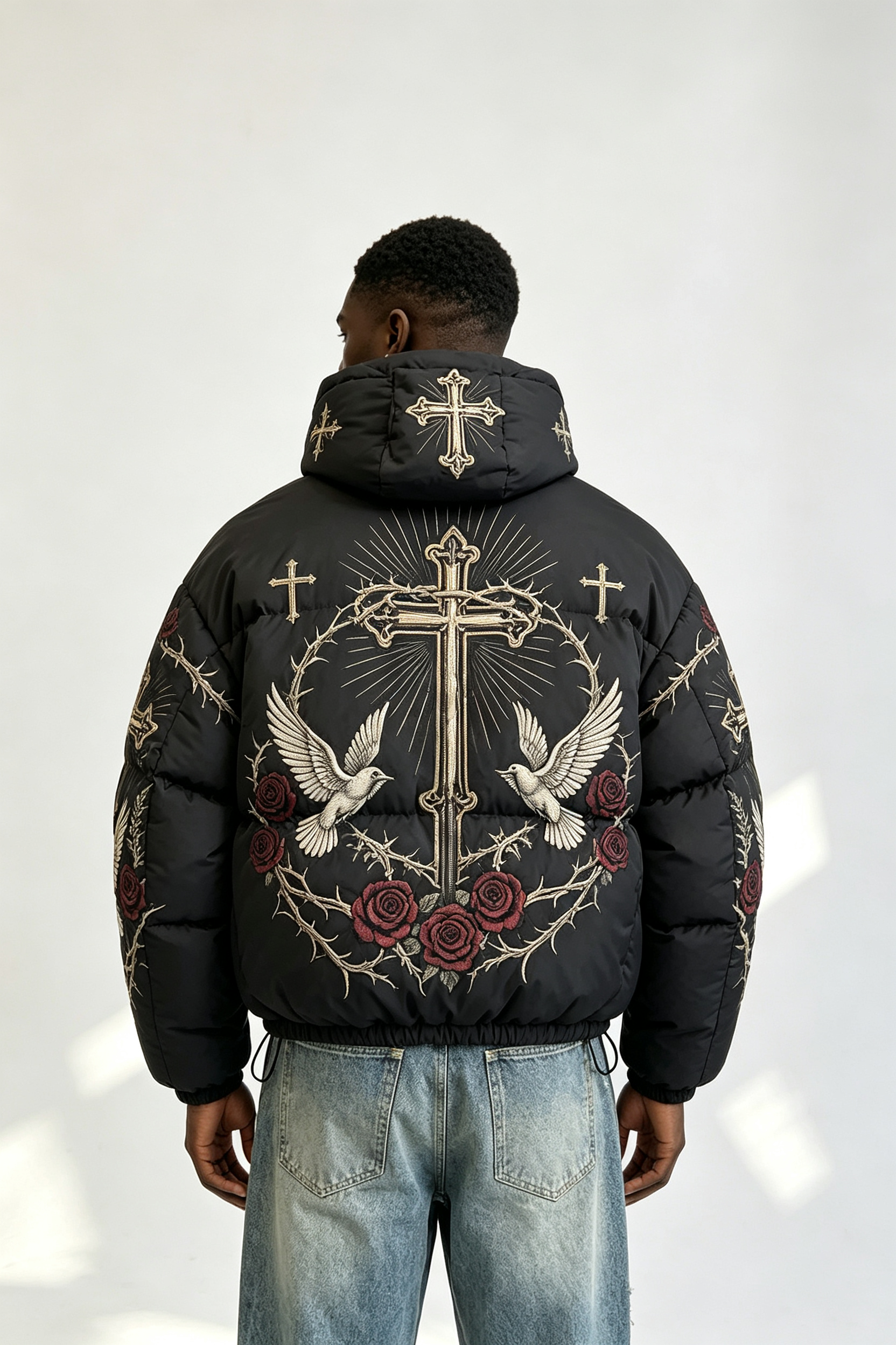 Custom Men Religious Gothic Cross Rose Hooded Puffer Jacket, Jesus Graphic Embroidery Winter Streetwear Oversized Padded Coat