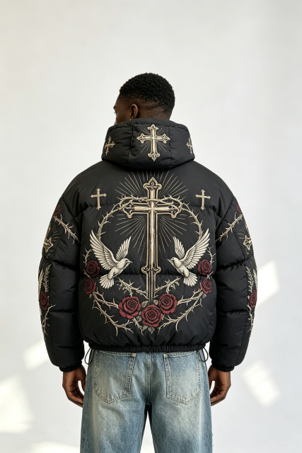 Custom Men Religious Gothic Cross Rose Hooded Puffer Jacket, Jesus Graphic Embroidery Winter Streetwear Oversized Padded Coat