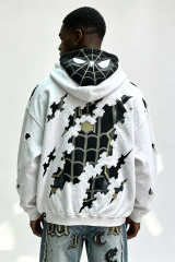 Custom Men Double Layer Spider Graphic Distressed Hoodie, Ripped Cutout Streetwear Oversized Pullover Hooded Sweatshirt