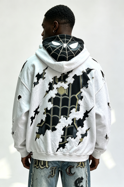 Custom Men Double Layer Spider Graphic Distressed Hoodie, Ripped Cutout Streetwear Oversized Pullover Hooded Sweatshirt