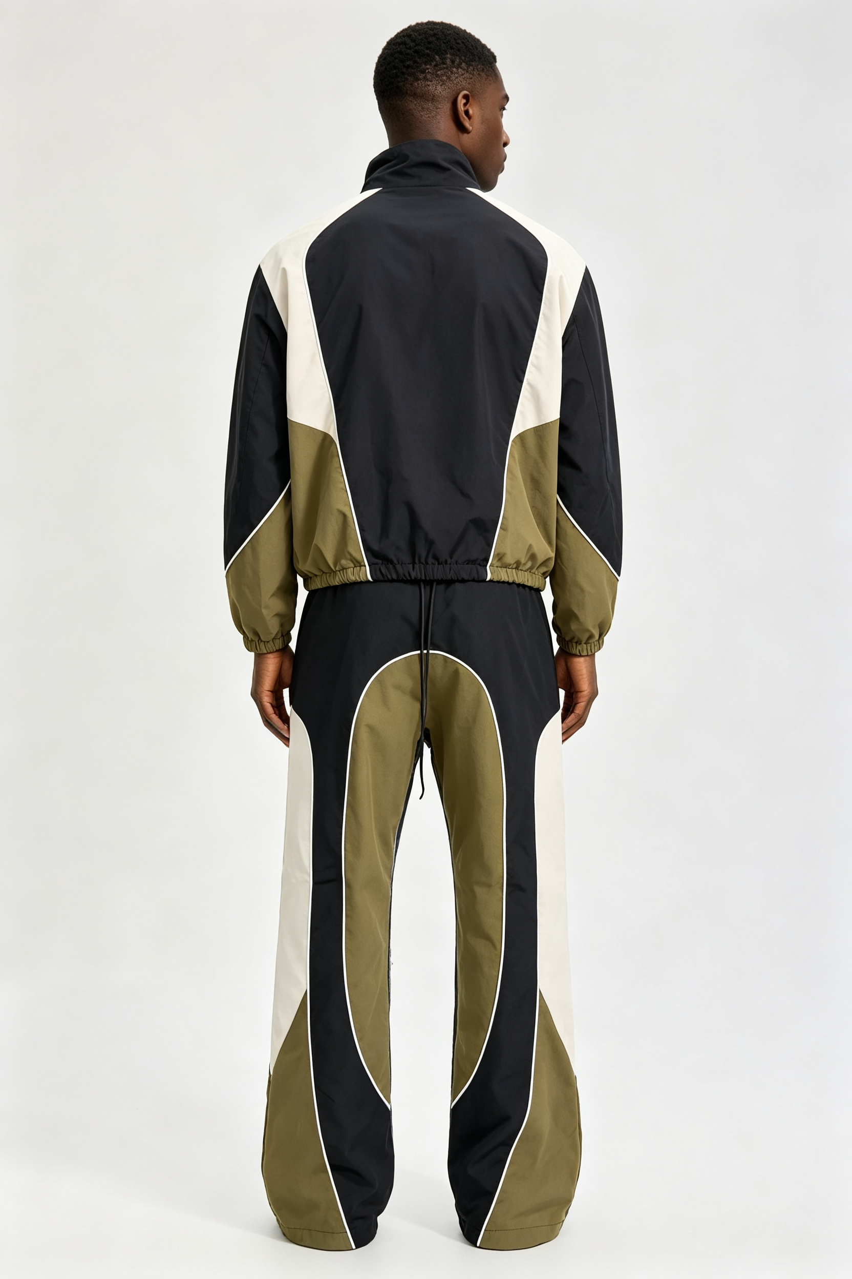 Custom Men Color Block Tracksuit Set, Retro Panel Windbreaker Jacket & Flare Pants 2 Piece Streetwear Outfit