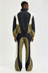 Custom Men Color Block Tracksuit Set, Retro Panel Windbreaker Jacket & Flare Pants 2 Piece Streetwear Outfit