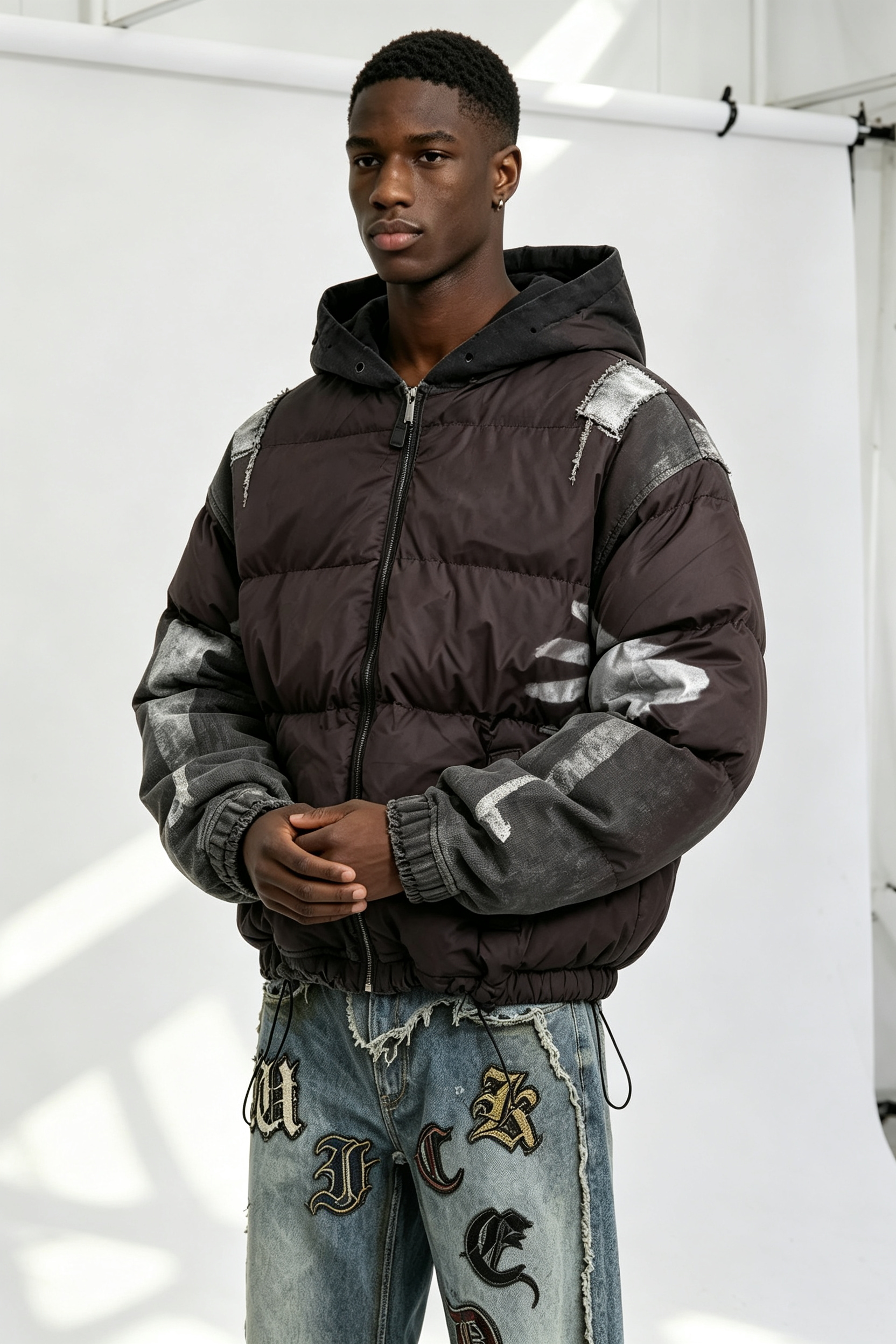 Custom Men Vintage Washed Spliced Hooded Puffer Jacket, Denim Patchwork Distressed Streetwear Winter Padded Coat