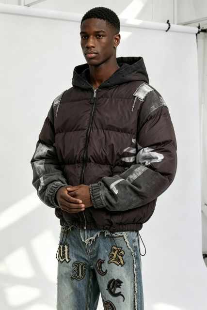 Custom Men Vintage Washed Spliced Hooded Puffer Jacket, Denim Patchwork Distressed Streetwear Winter Padded Coat