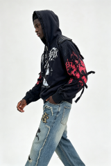 Custom Men Gothic Distressed Zip Up Hoodie, Spike Shoulder Strap Frayed Ribbon Dark Punk Streetwear Hooded Jacket