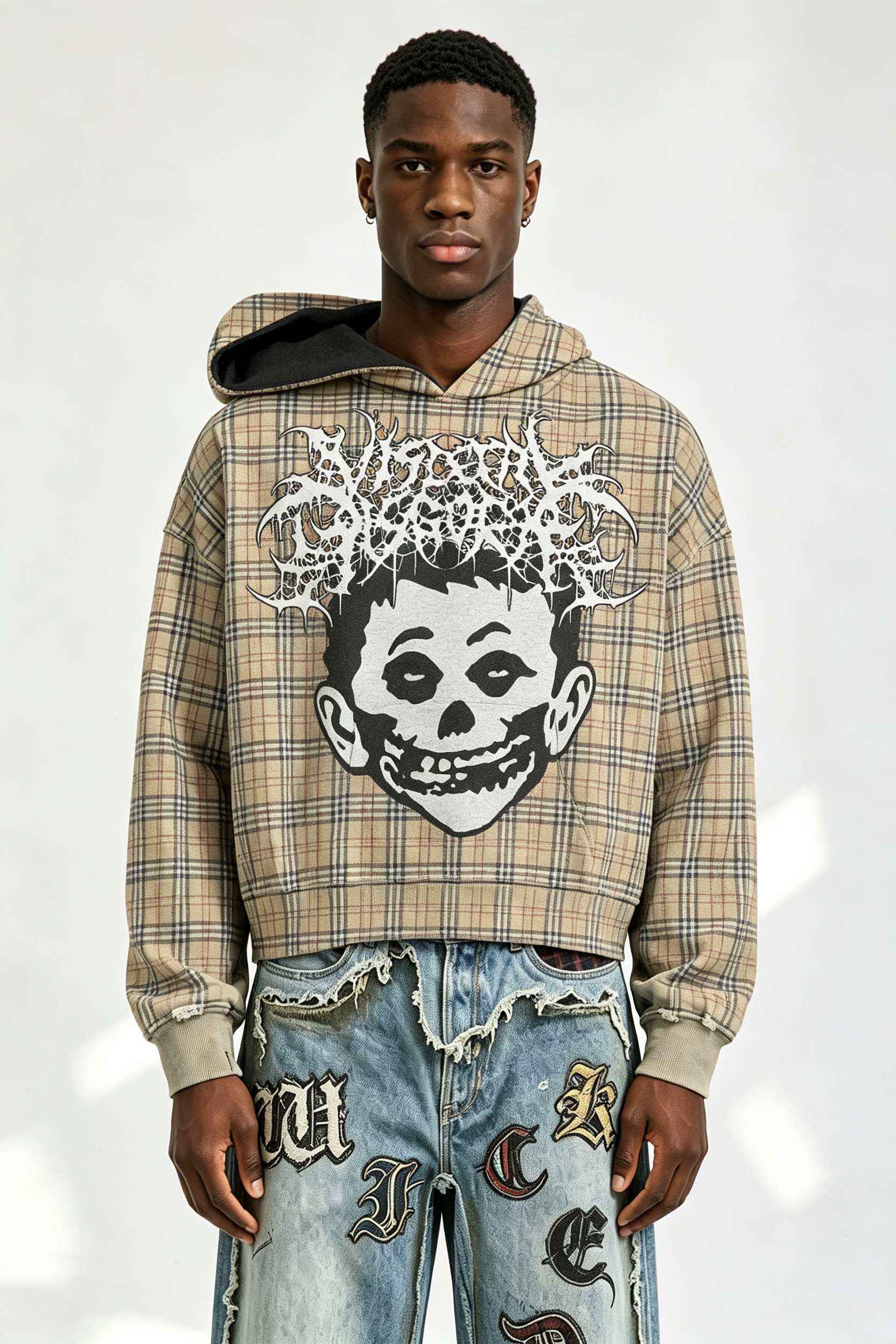 Custom Men Plaid Gothic Skull Portrait Hoodie, Contrast Lining Heavy Fleece Cropped Oversized Streetwear Pullover Sweatshirt