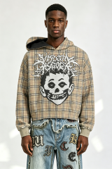 Custom Men Plaid Gothic Skull Portrait Hoodie, Contrast Lining Heavy Fleece Cropped Oversized Streetwear Pullover Sweatshirt