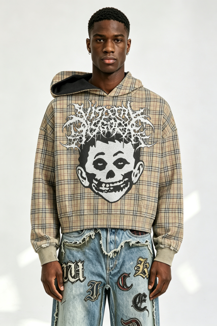 Custom Men Plaid Gothic Skull Portrait Hoodie, Contrast Lining Heavy Fleece Cropped Oversized Streetwear Pullover Sweatshirt